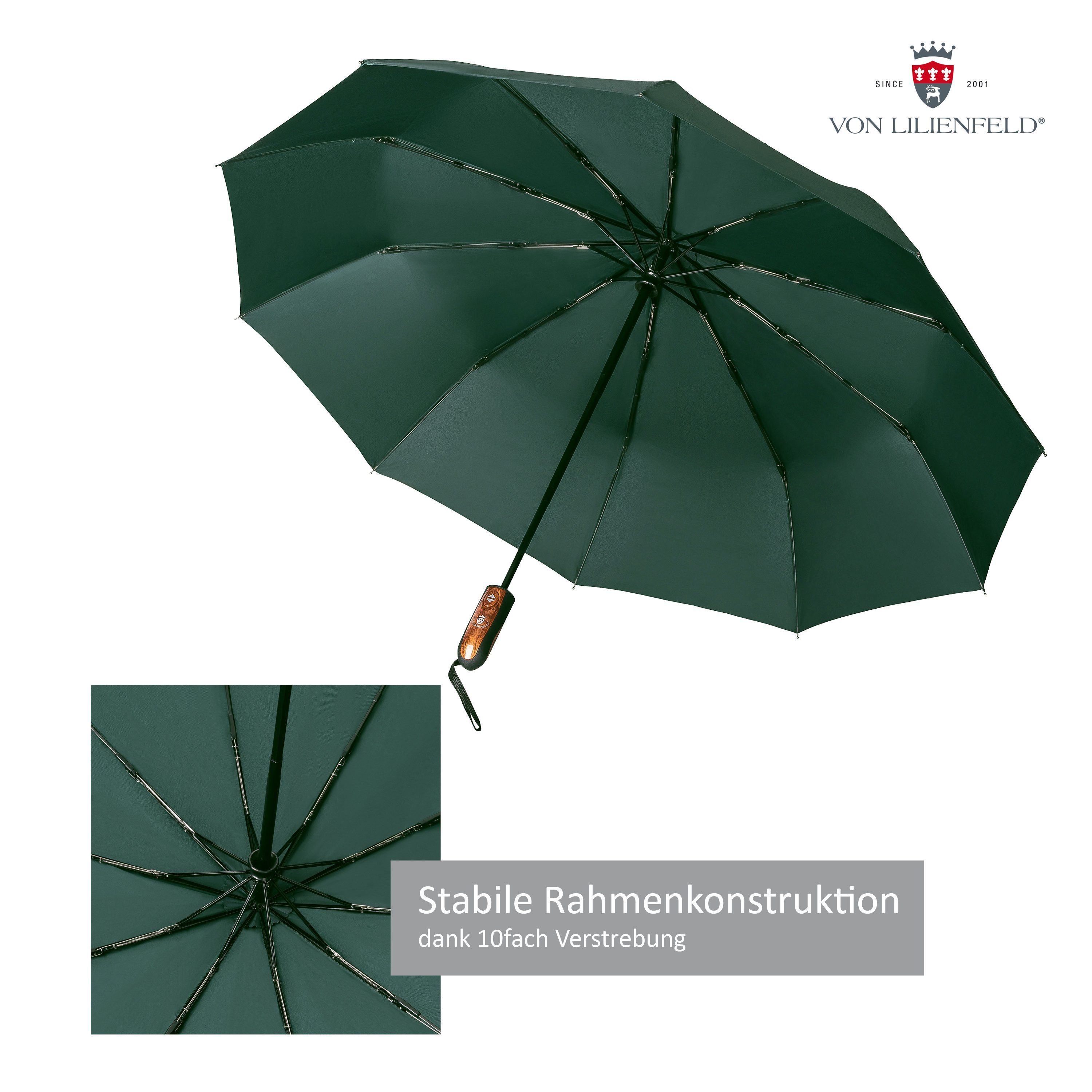 mit Lilienfeld schnelltrocknend Auf-Zu-Automatik Taschenregenschirm Schirm von Clark wasserabweisend, Teflonbeschichtung, extrem Reise-Etu dunkelgrün