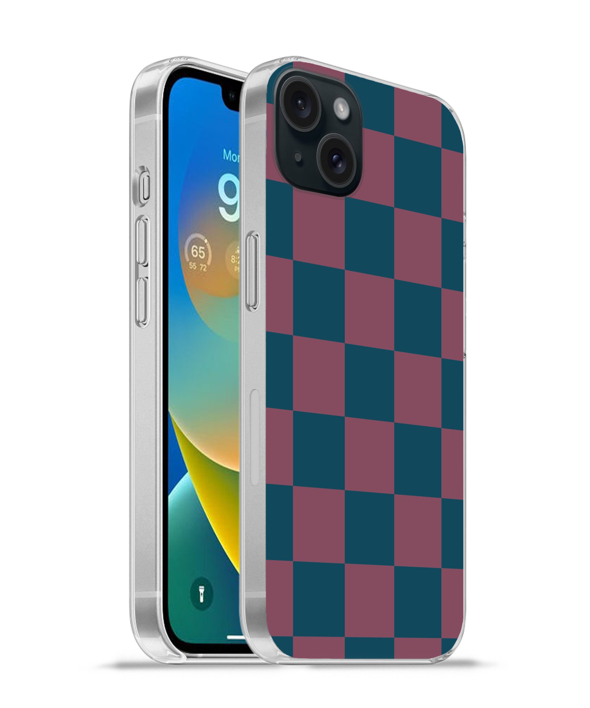 MuchoWow Handyhülle für Apple iPhone 15 Plus Schachbrett Druck - Blau - Rot - Würfel, Smartphone-Bumper, Print, Handy Schutzhülle Dünn