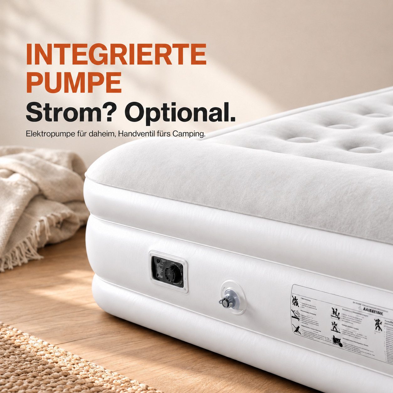 Onbest Luftbett Luftmatratze Gästebett mit elektrischer Luftpumpe und Kissen, 250 kg, 2 Personen, wasserabweisend, selbstaufblasend, 0,6 mm