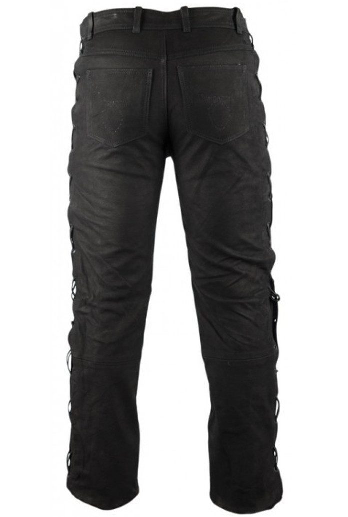 MDM Lederhose Herren Bikerjeans Lederhose Nubuk schwarz seitlich geschnürt günstig online kaufen