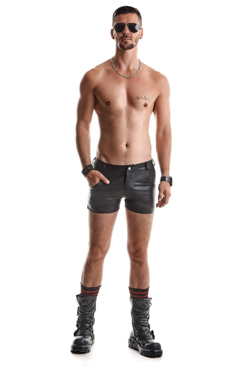 Regnes Fetish Planet Lederimitathose Herren wetlook Shorts schwarz elastisch mit Taschen kurze Männer Hose