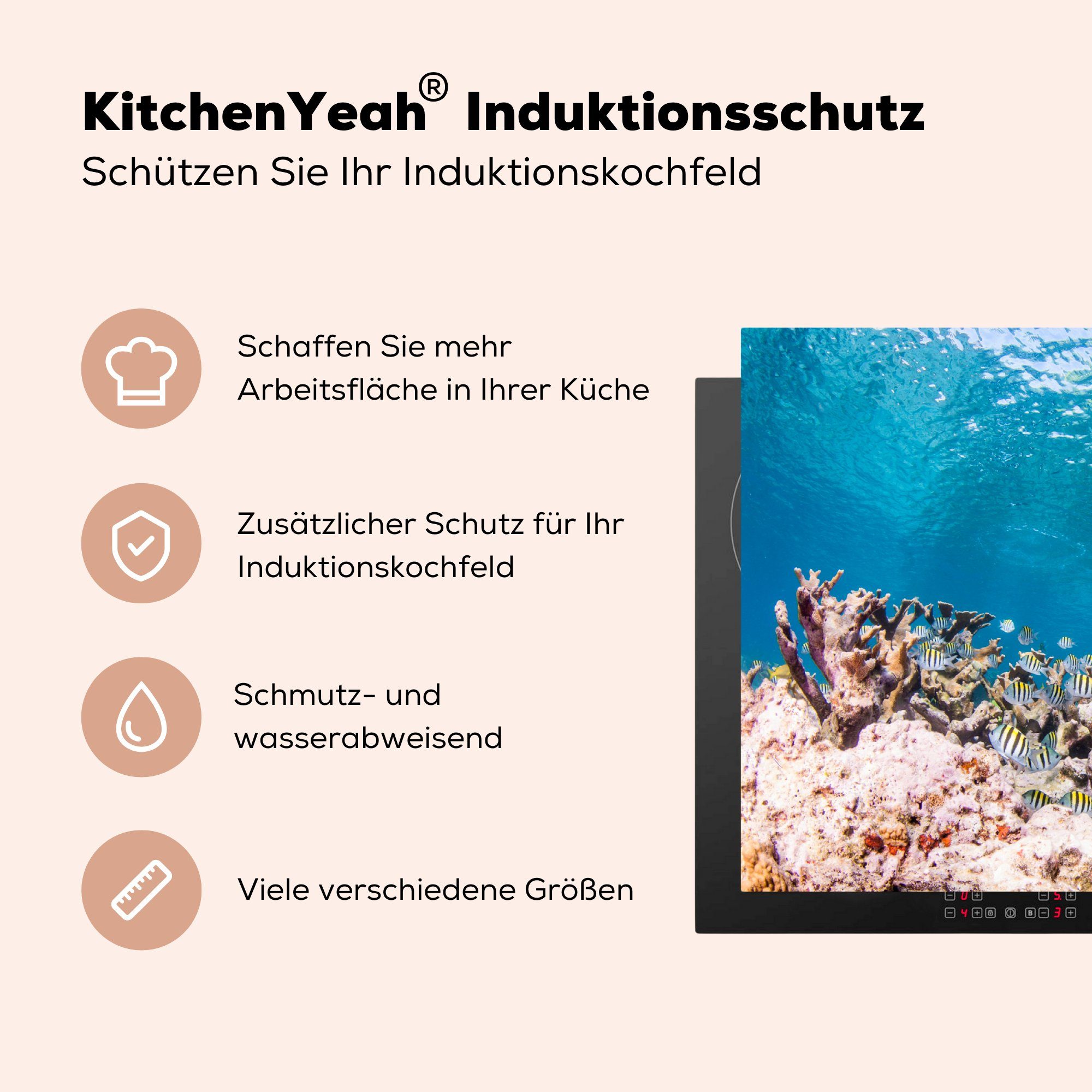 MuchoWow Herdblende-/Abdeckplatte Korallen in 83x51 Wasser, (1 cm, tlg), Arbeitsplatte Ceranfeldabdeckung, Vinyl, klarem küche für