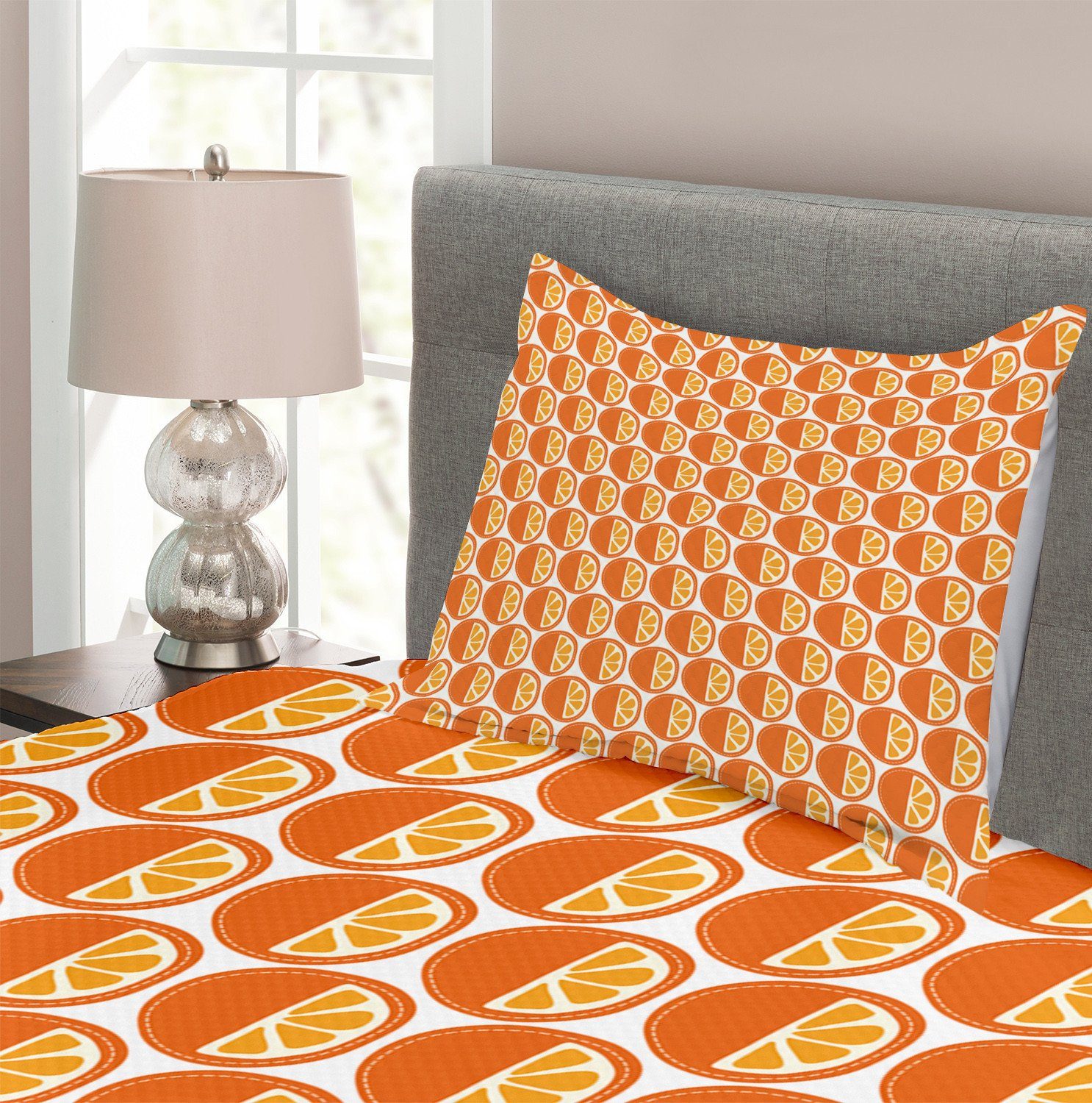orange Tagesdecke Muster-Kunst mit Cartoon Waschbar, Kissenbezügen Obst Abakuhaus, Set