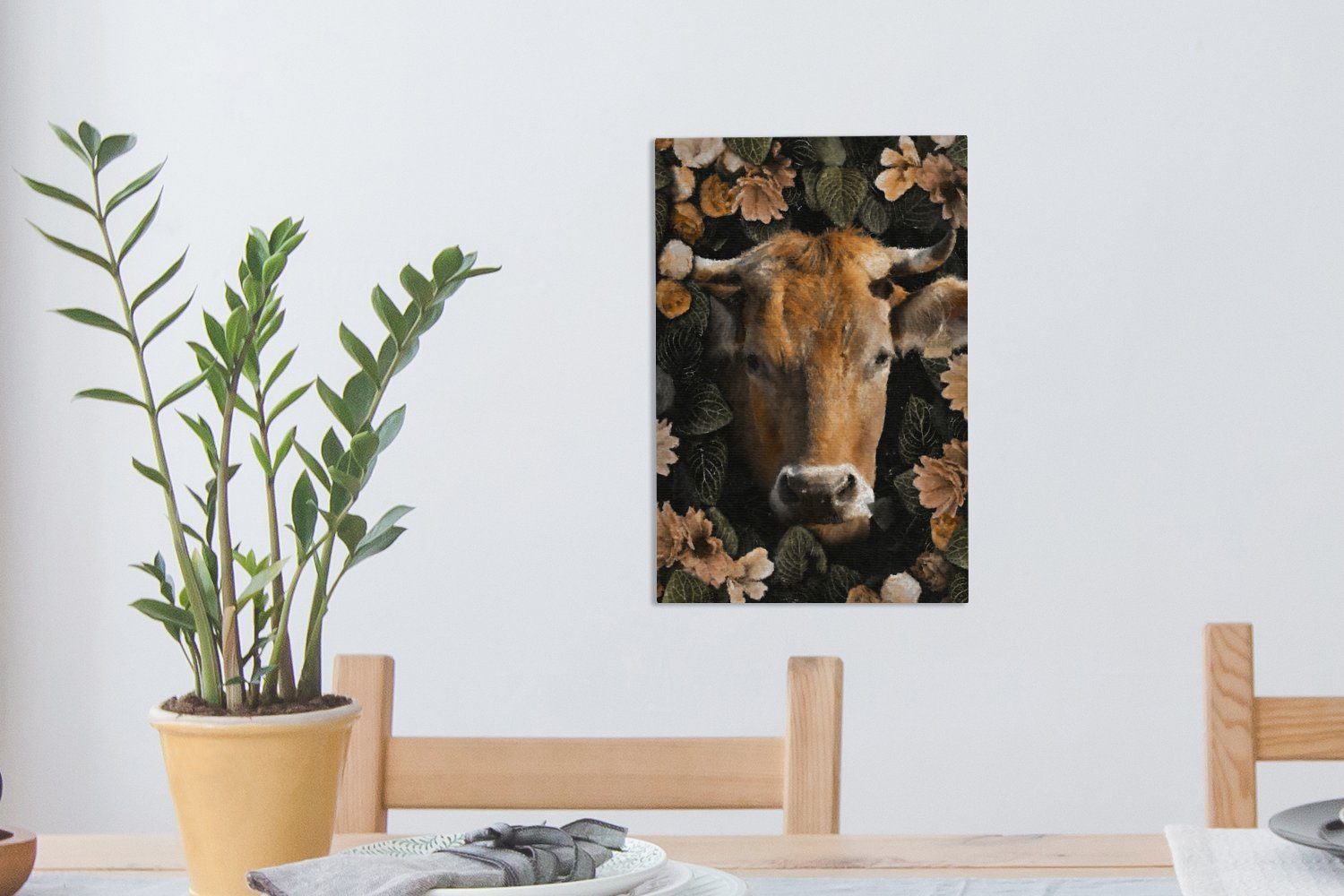 Kuh - bespannt (1 cm - Tiere inkl. Blumen 20x30 Leinwandbild Horn, OneMillionCanvasses® fertig Zackenaufhänger, Gemälde, - Leinwandbild St),