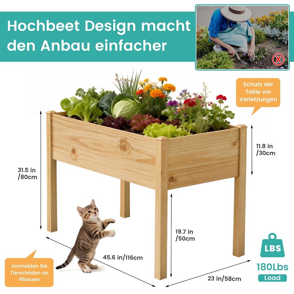 Meulbaty Hochbeet aus Holz mit Beinen, natürlicher Pflanzkasten aus massivem Kiefernholz (wetterfest imprägniert, 1 St), ergonomische Arbeitshöhe 80 cm, für Ter – Bild 2 von 5