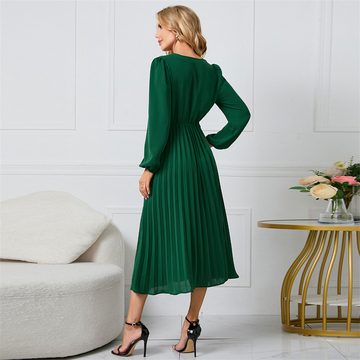 AFAZ New Trading UG Abendkleid Damenkleid mit V-Ausschnitt, langes Abendkleid Langärmliges, schmales Abendkleid mit Faltenrock in A-Linie