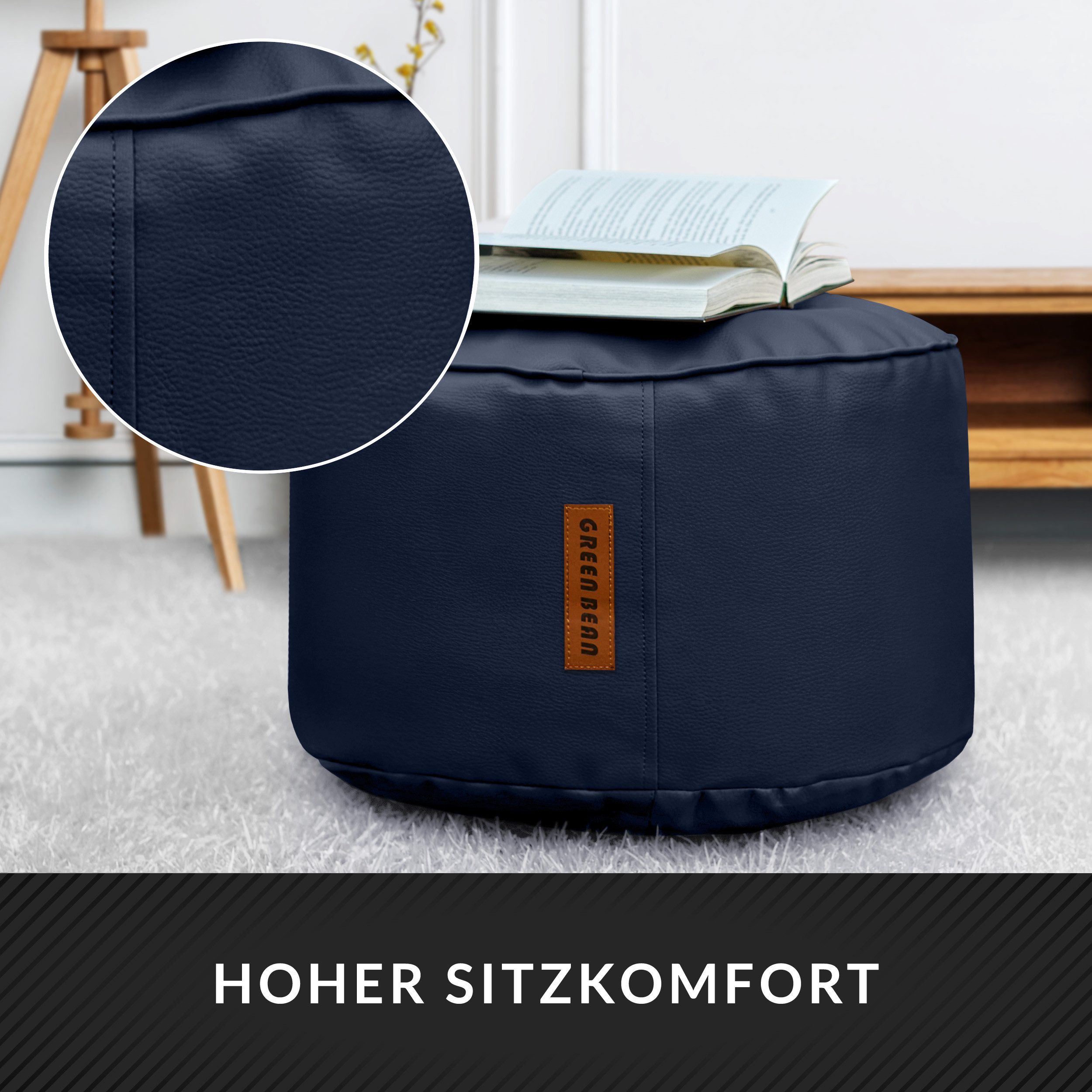 Green Bean Pouf Sitzsack-Hocker Kunstleder Stay rund (Indoor / Outdoor, abwaschbarer Oberfläche & EPS Perlen Füllung, Sitzwürfel Sitzkissen Hocker Sitzhocker),  – Bild 5 von 5