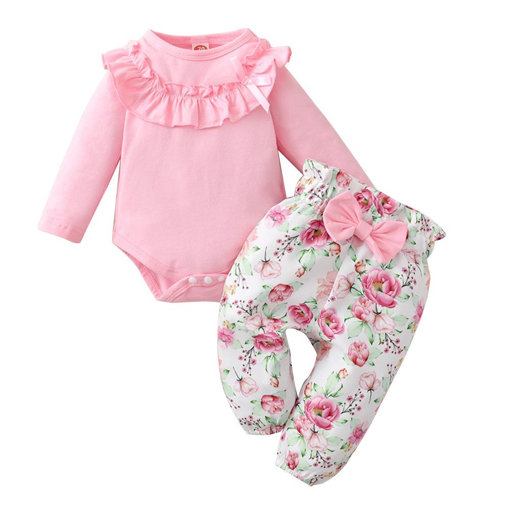 Gluckids Shirt & Hose Baby Mädchen Rüschen Süßes Set Langarm Strampler + Blumen Hose Outfits (Sets, 2-tlg) Kleinkind einfarbig Jumpsuit Hosenanzug Frühling & Herbst Babykleidung