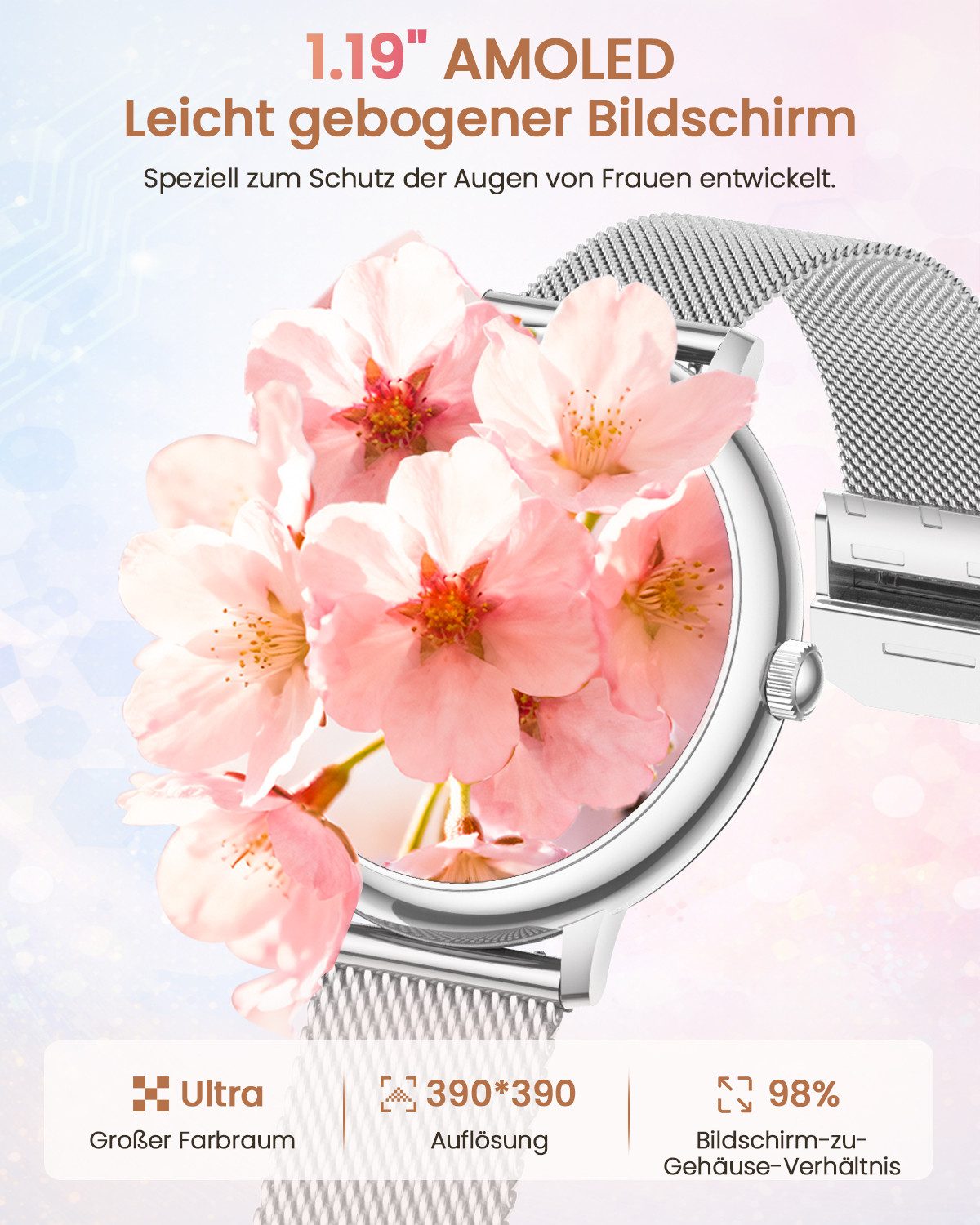 SWGOTA 2026 NEW Smartwatch Damen Rund 800mAh mit 2 austauschbare Armbänder Smartwatch (1.19 Zoll), AMOLED Display Smartwatch für Damen mit Telefonfunktion, Herzfrequenz, SpO2/Schlafmonitor/Menstruationszyklus