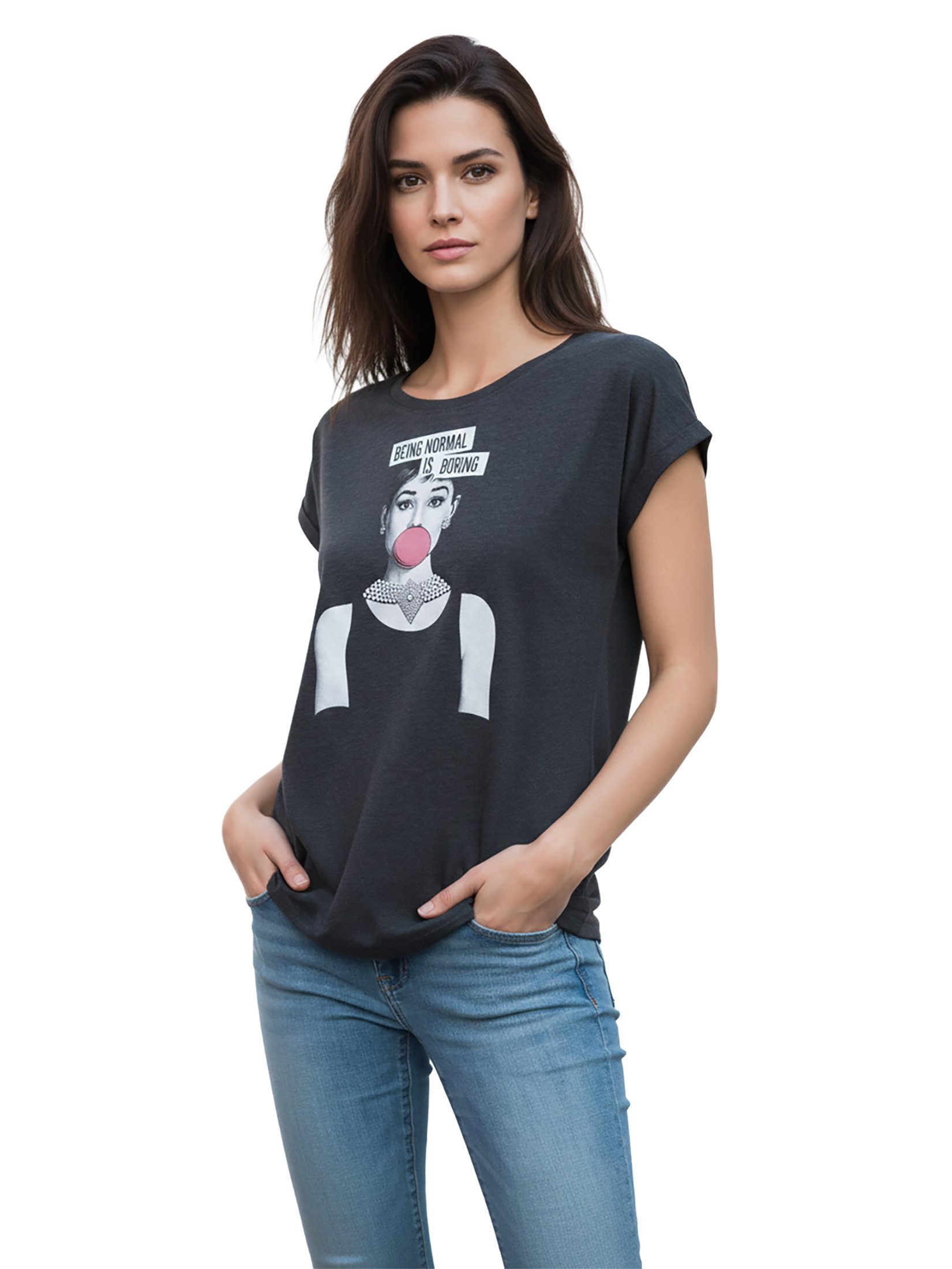 MAKAYA T-Shirt mit modischem Frontdruck Basic Sommer Top für Damen Casual Rundhals (Sprüche, Statement, Schwarz, Blau, Grau) große Größen