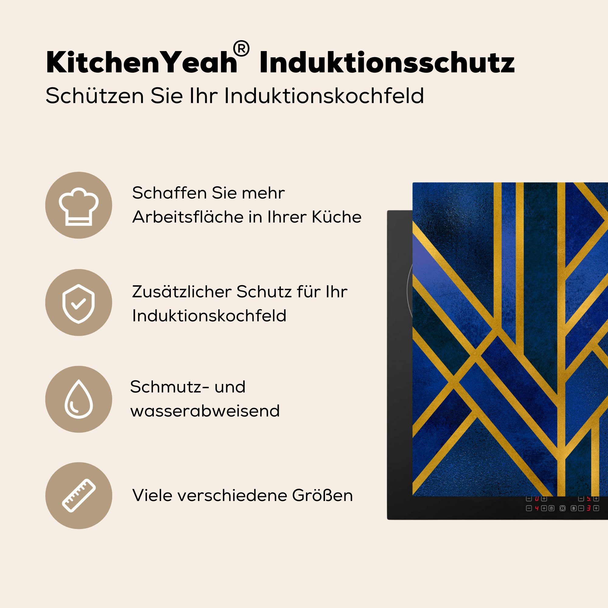 78x78 für tlg), (1 Herdblende-/Abdeckplatte Gold Arbeitsplatte küche Luxus, MuchoWow Blau - - Design Ceranfeldabdeckung, cm, - Vinyl,