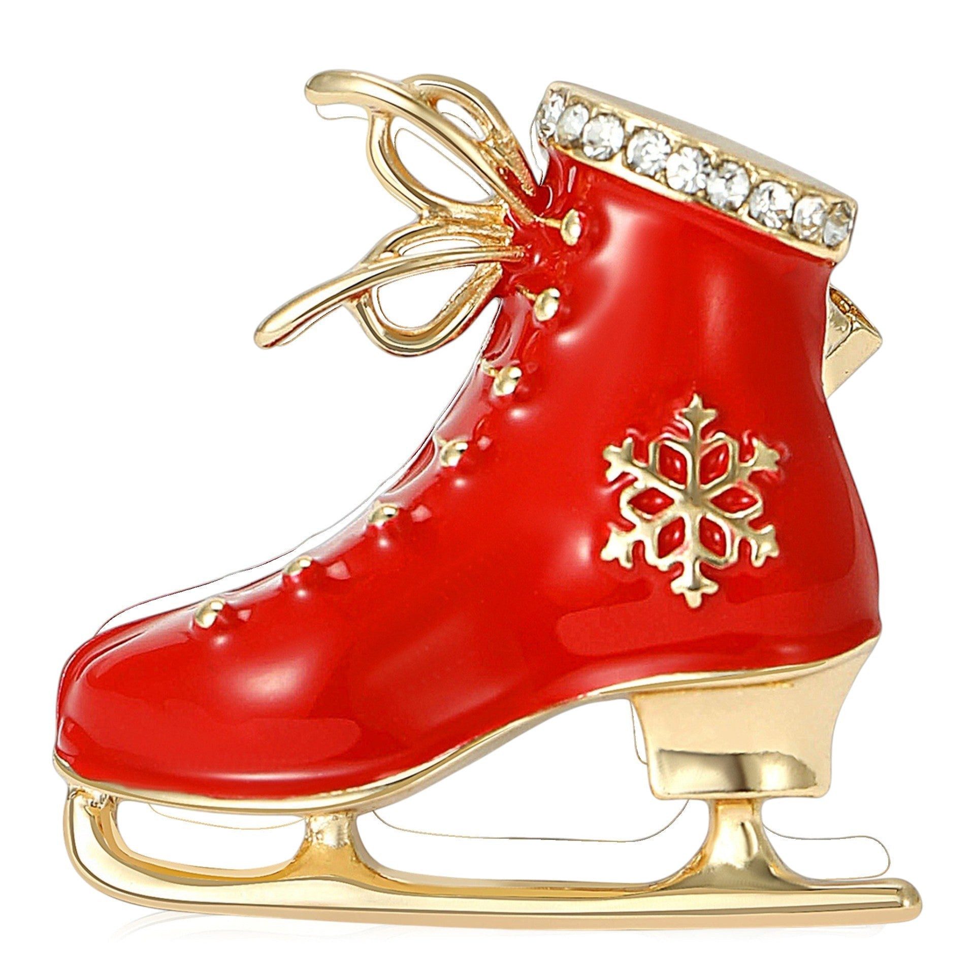 Dark-Desires Brosche Vintage Schlittschuhbrosche Rot-Gold mit Schneeflocke, Damen Brosche vintage Accesssoire retro Anstecknadel