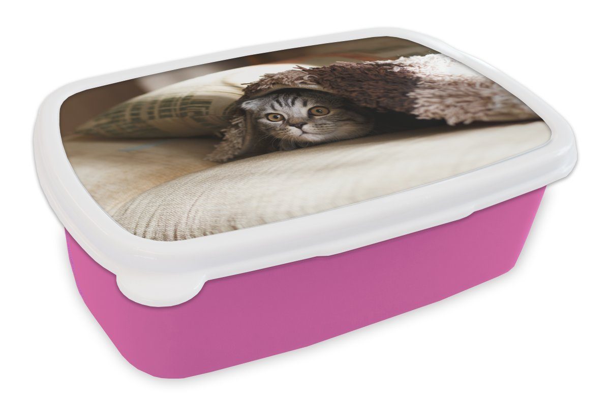 MuchoWow Lunchbox Katze - Decke für Snackbox, rosa (2-tlg), Kinder, Brotbox Erwachsene, Brotdose - Kunststoff, Kunststoff Mädchen, Bank