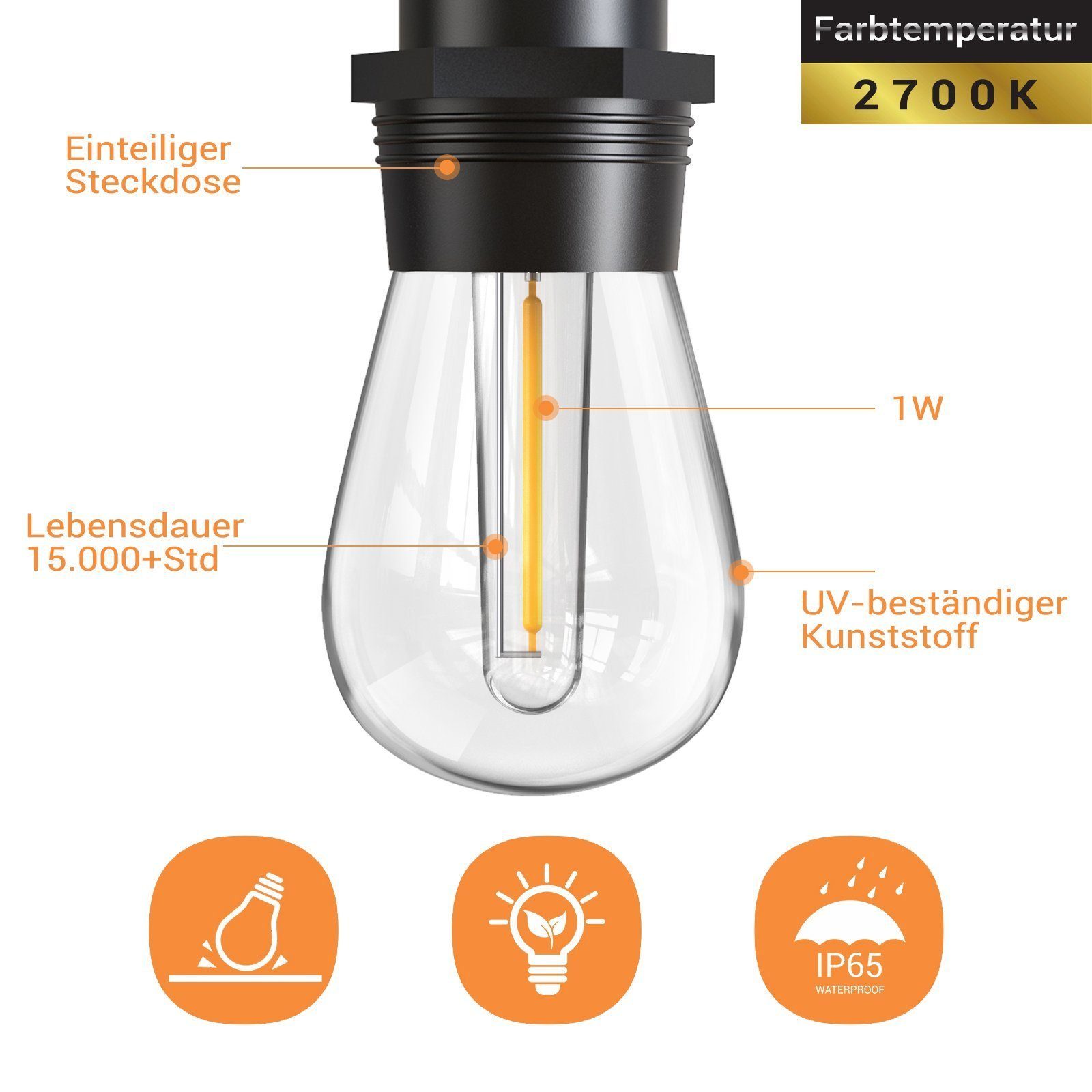 Quntis Lichterkette LED Lichterkette Outdoor 16/31m Balkonlampen Gartenlampen erweiterbare, Lichterketten mit Steckdosen für Balkon Party Halloween Weihnachtsdeko