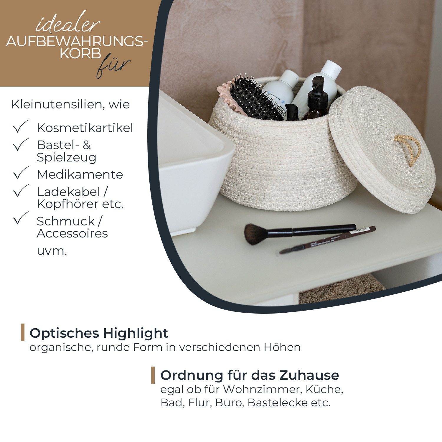 HMF Aufbewahrungskorb Aufbewahrungskorb Badezimmer rund, Korb mit Deckel aus Baumwolle, Hoch, 25,5 x 19 cm, Creme