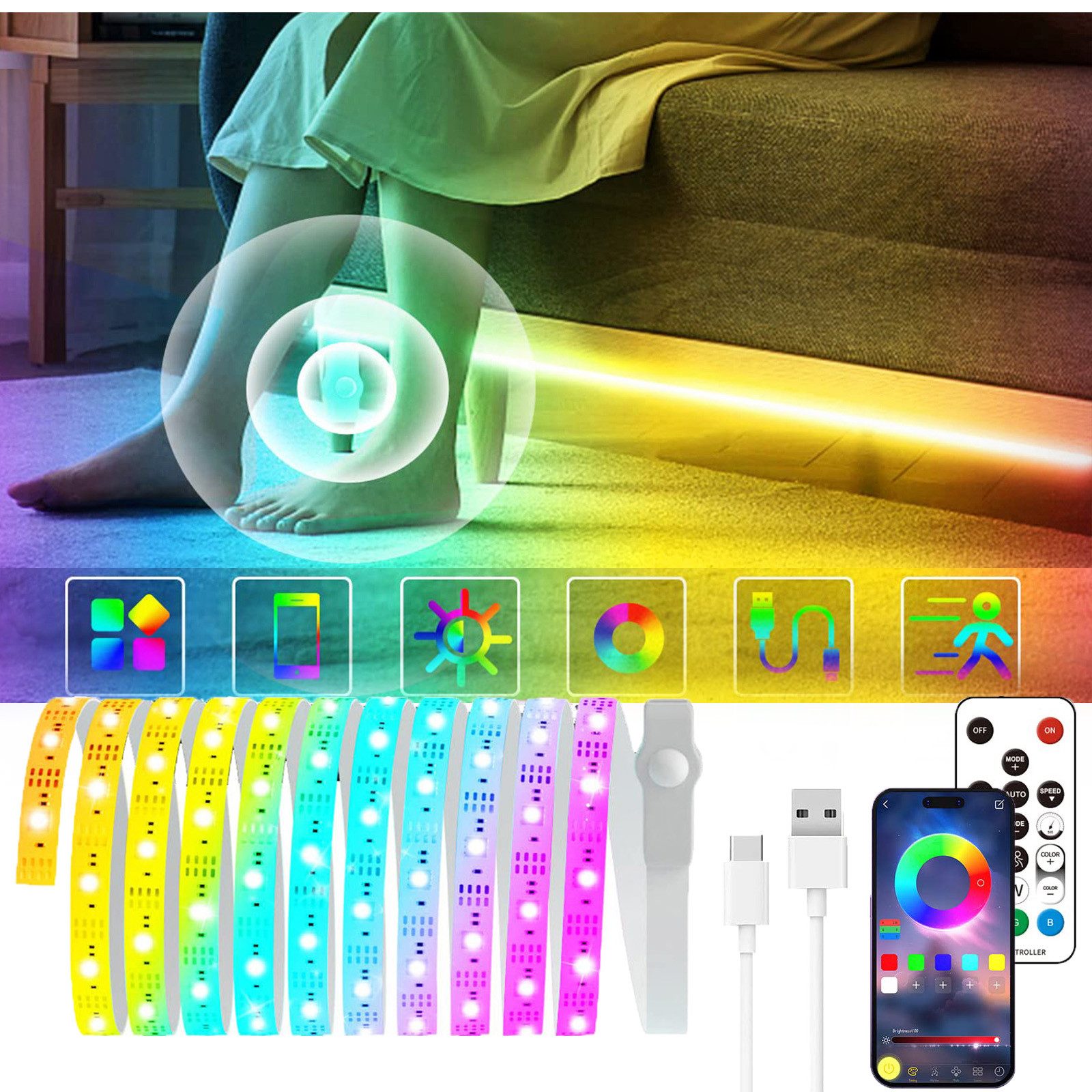 MUPOO LED-Streifen RGB LED Lichtleiste mit Bewegungsmelder und App-Steuerun günstig online kaufen