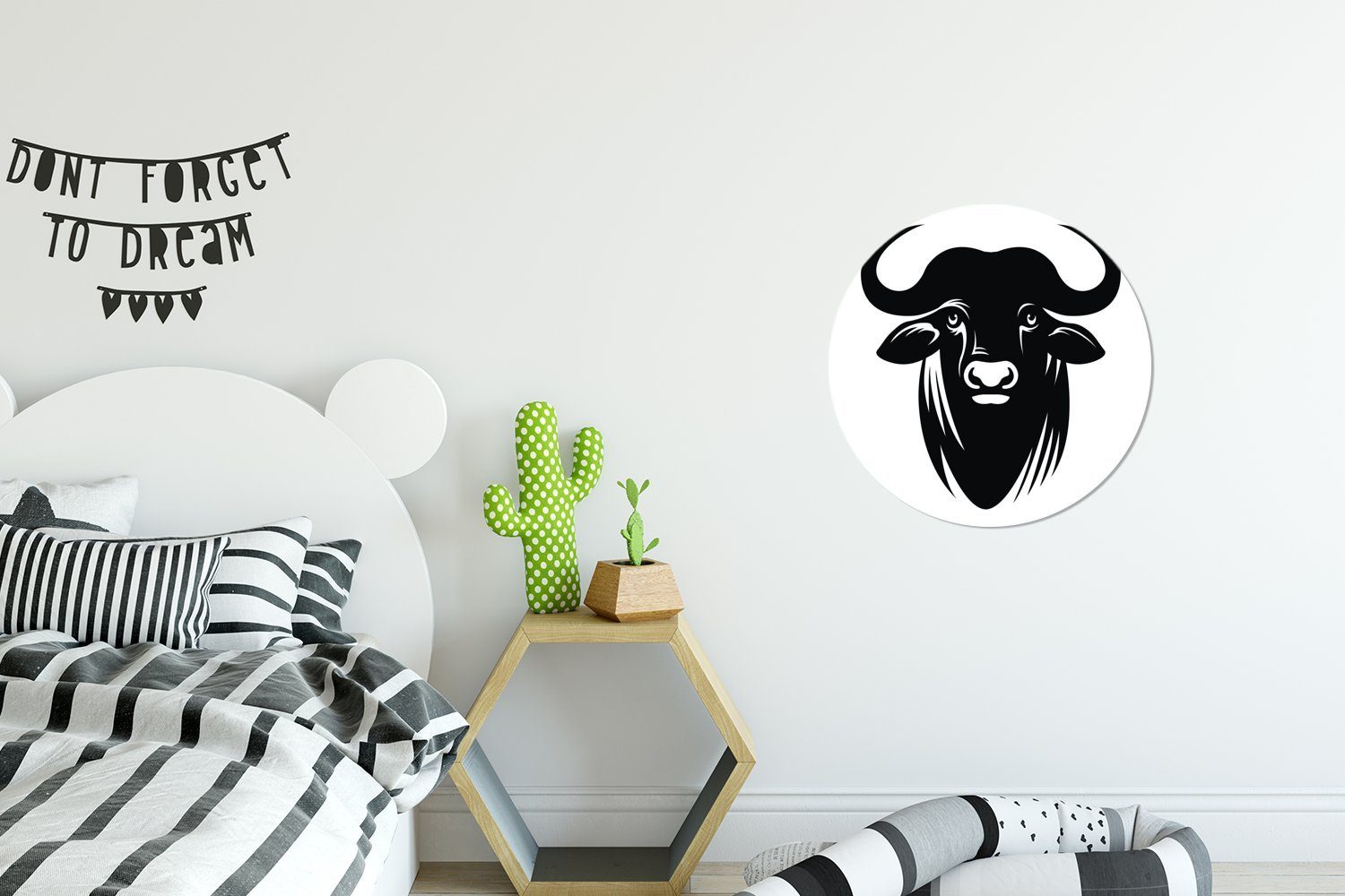 MuchoWow Wandsticker Schwarz-Weiß-Abbildung des Kopfes Wasserbüffels Kinderzimmer, Tapetenkreis Rund, St), für eines (1 Tapetenaufkleber, Wohnzimmer