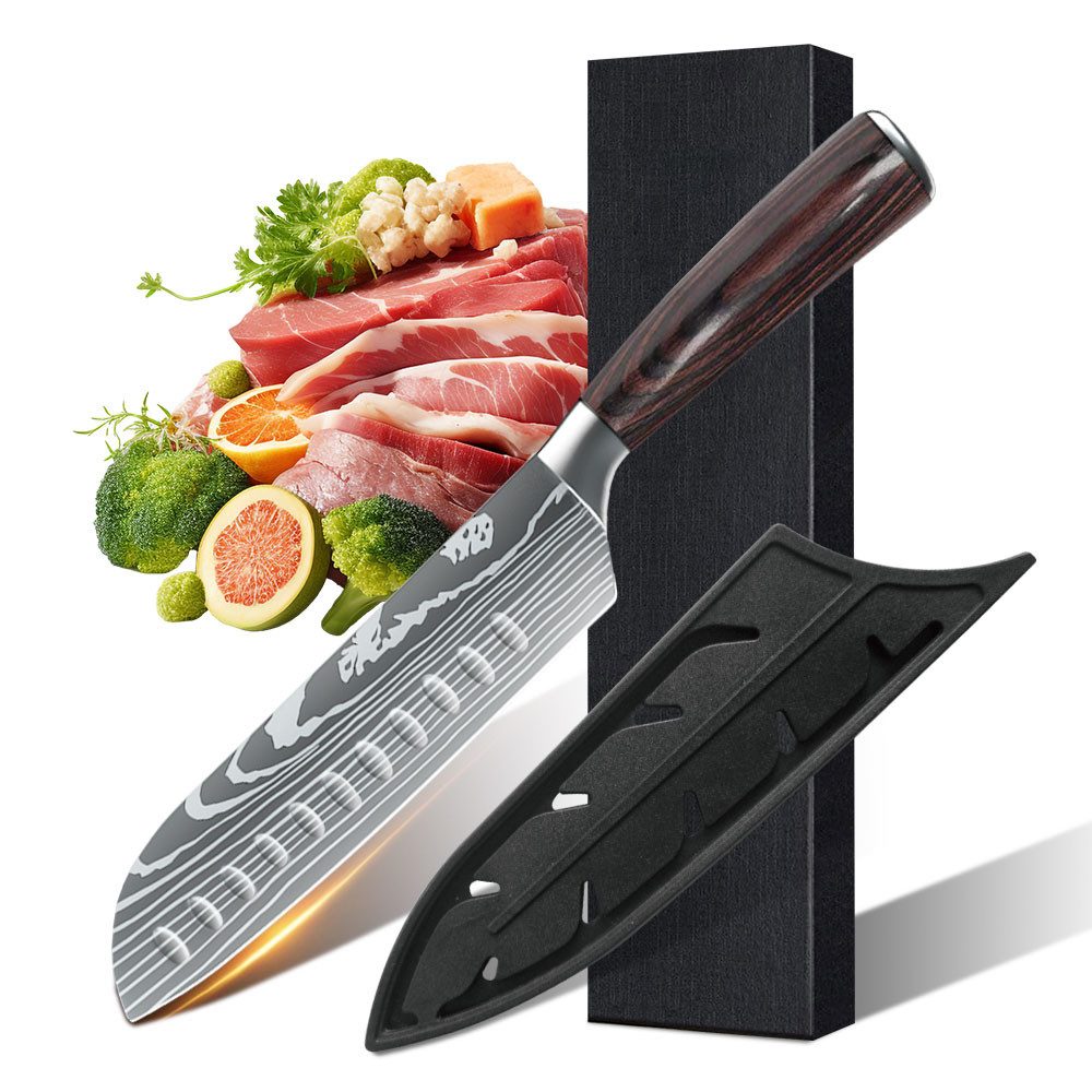 MDHAND Santokumesser 18 cm aus High-Carbon-Edelstahl, ergonomisches Küchenmesser mit Pakkaholzgriff