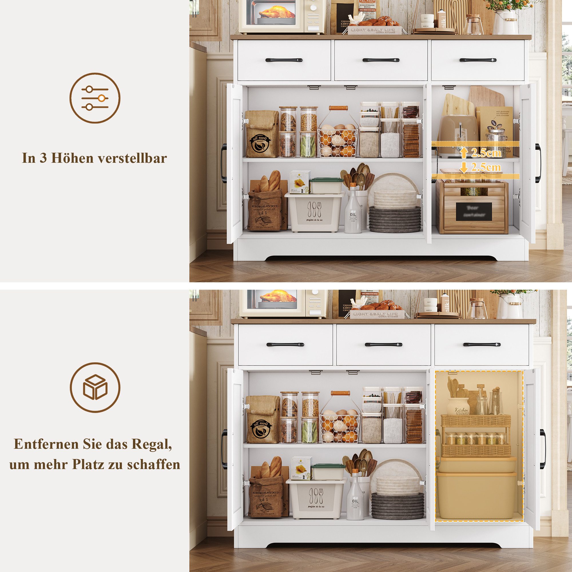HOMECHO Sideboard, Küchenschrank mit 3 Schubladen und 3 Türen für Küche, Weiß