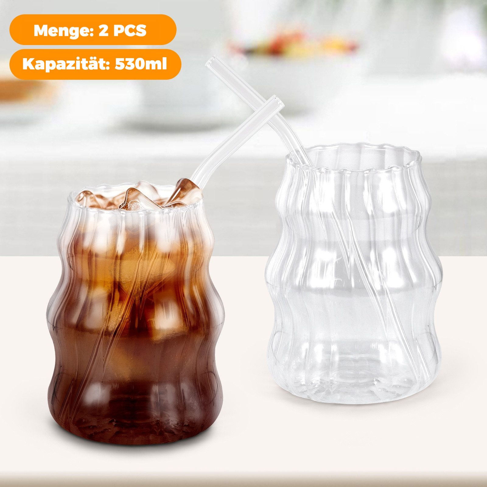 BlingBin Latte-Macchiato-Tasse Gerippte Trinkgläser Getränkegläser, Espressotassen Gläser Set, 2-tlg., Glas, Kaffeetassen Mit 2 Straws Für Cappuccino, Latte, Kaffee, Milch, 530ML