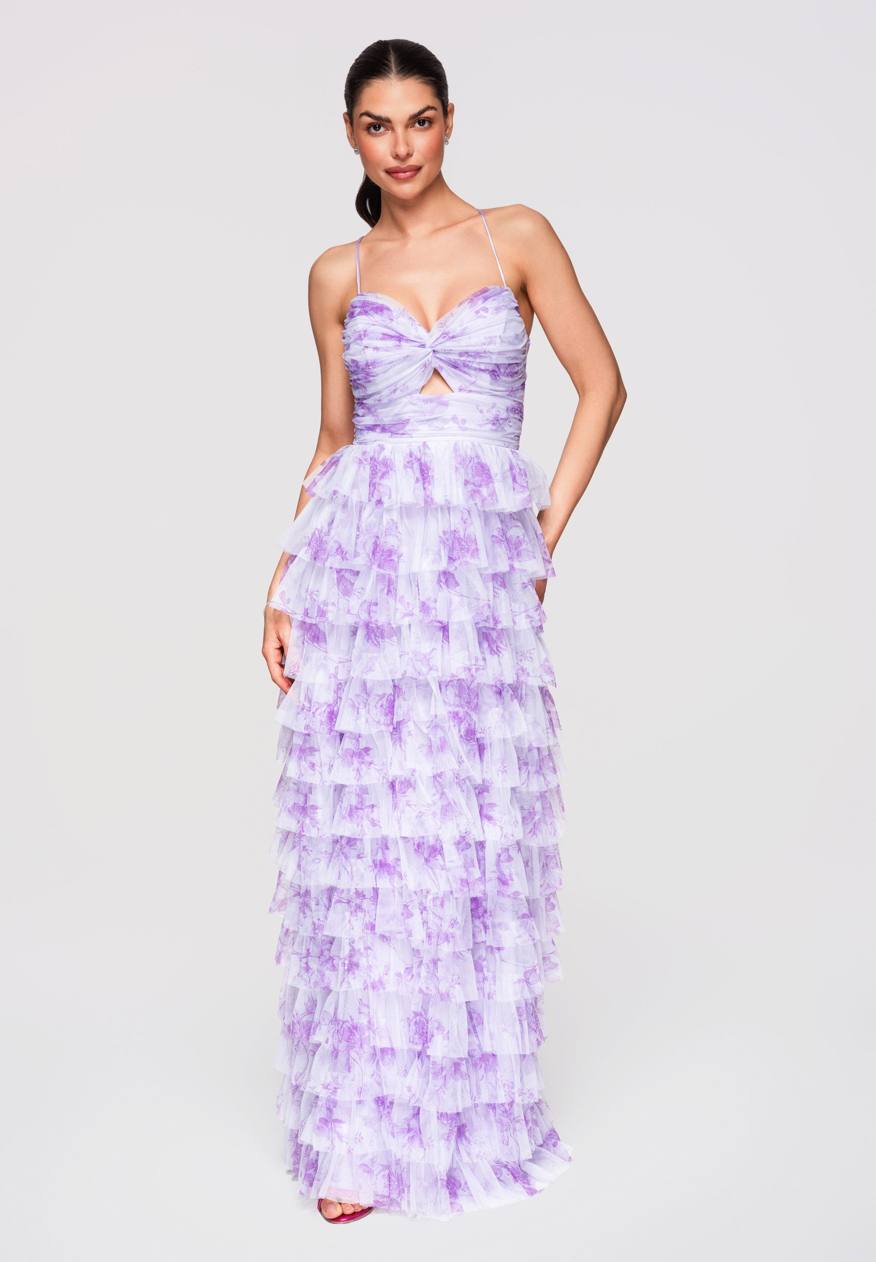 OMBRE Abendkleid Maxikleid Abendkleid Tüll mit Schnürung Violett L (kein Set, 1-tlg) Offener Rücken mit gekreuzten Bändern und regulierbarer Schnürung