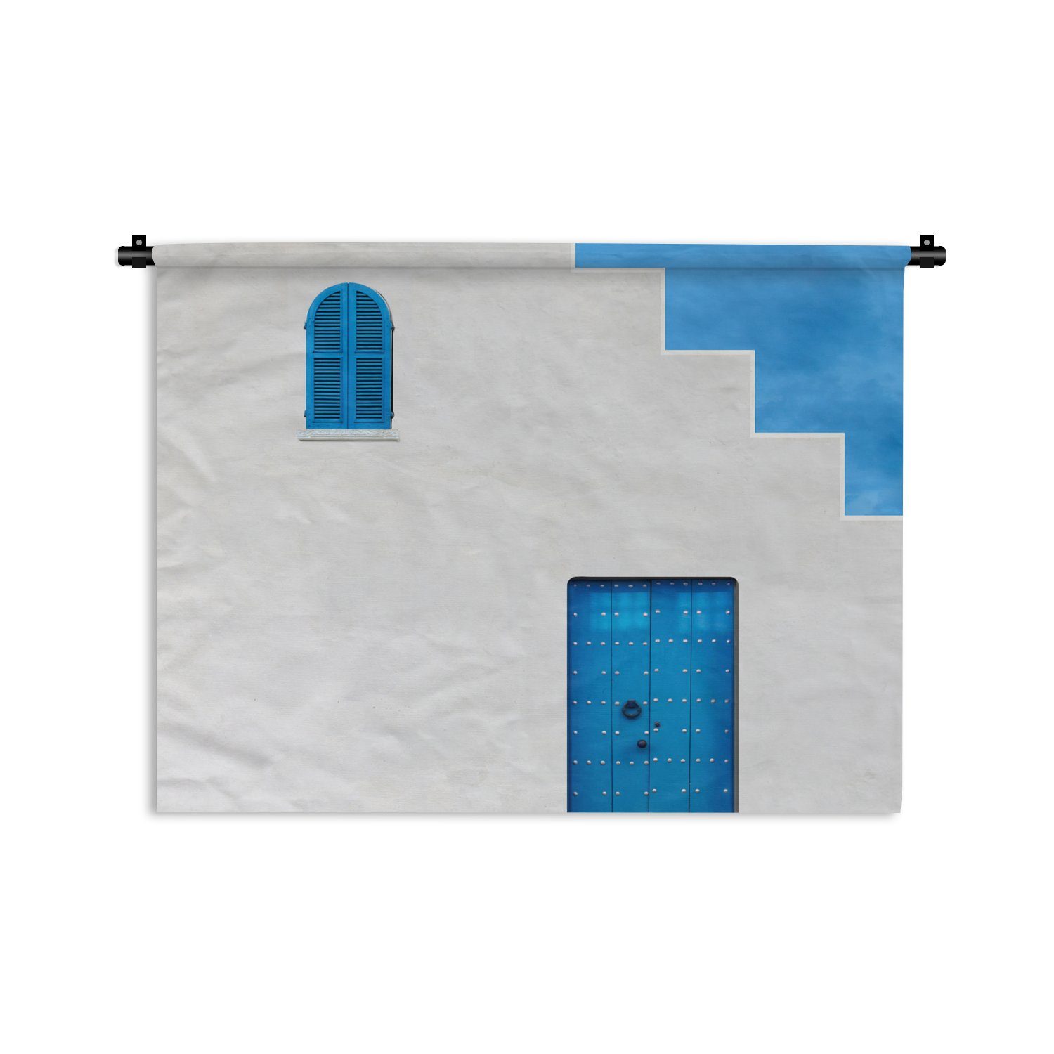 MuchoWow Wanddekoobjekt Haus - Blau - Weiß - Tür, Wanddeko für Wohnzimmer, Schlafzimmer, Kleid, Wandbehang, Kinderzimmer