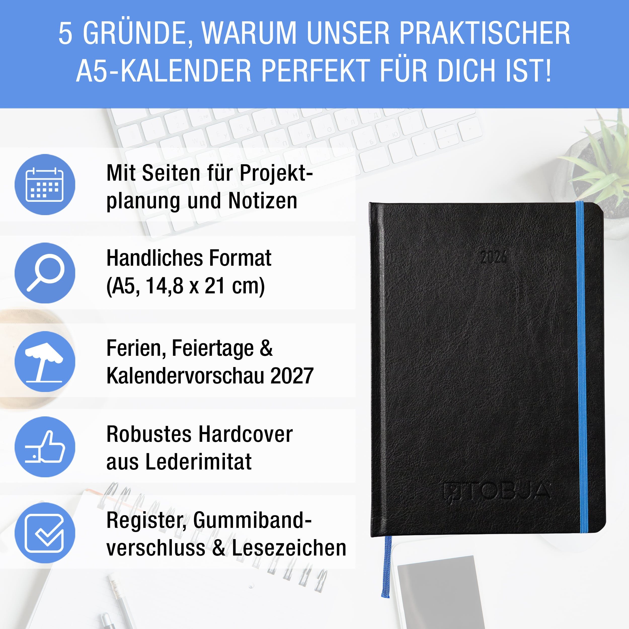 TOBJA Buchkalender Terminplaner 2026 A5 1 Woche 2 Seiten Nero Blau, Kalender 2026 Wochenplaner & Terminkalender, Buchkalender 2026