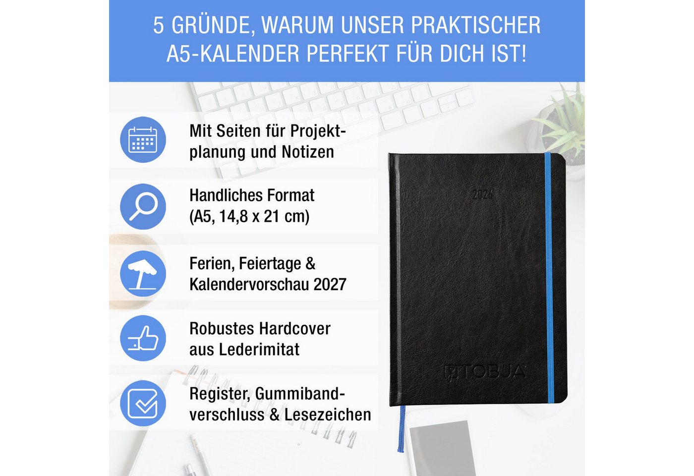 Thumbnail - TOBJA Buchkalender Terminplaner 2026 A5 1 Woche 2 Seiten Nero Blau, Kalender 2026 Wochenplaner & Terminkalender, Buchkal...