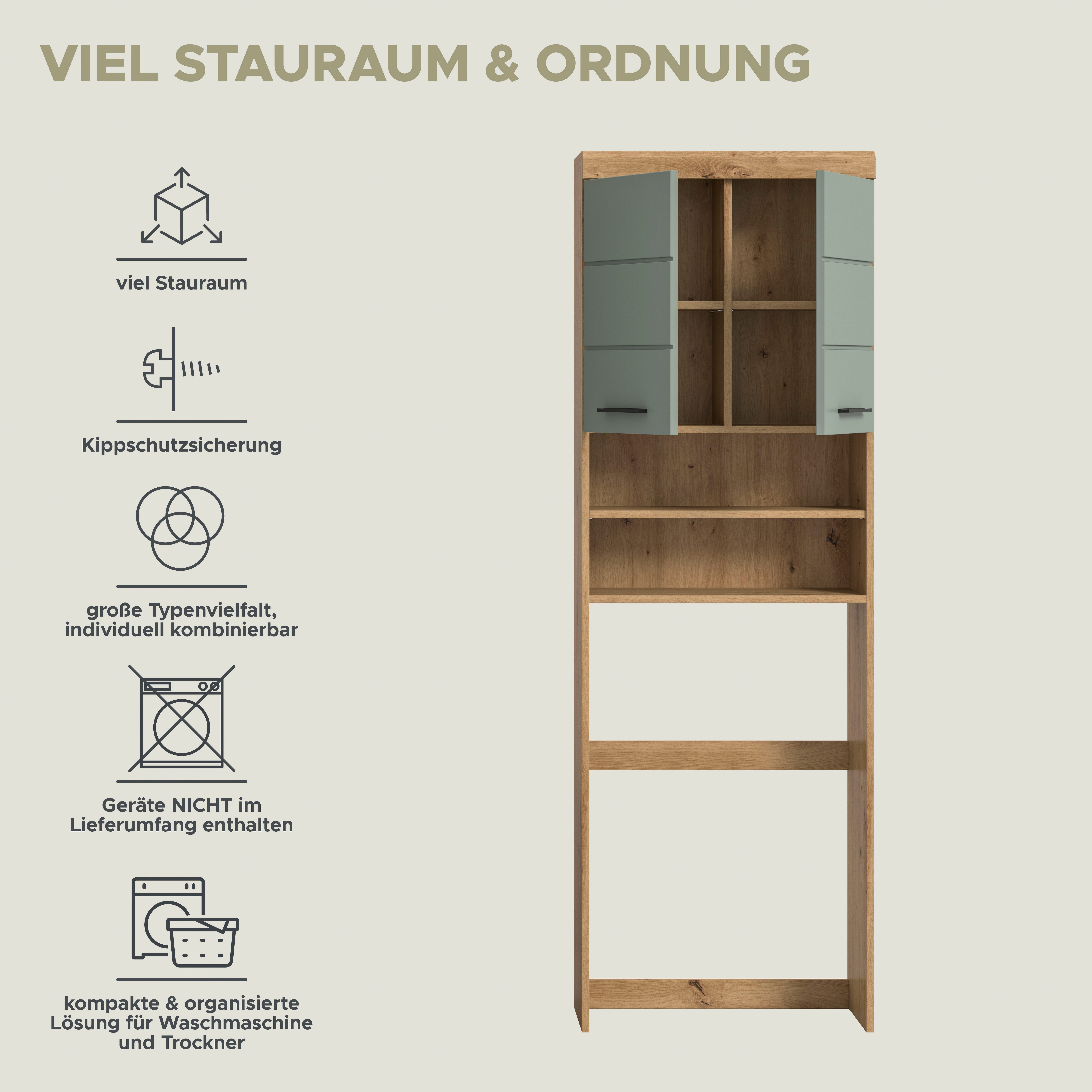 welltime Waschmaschinenumbauschrank SIENA, Breite 63cm, für Waschmaschine & Trockner, 2 Türen, MDF-Front (TOPSELLER) in verschiedenen Farben, Überbauschrank, Um – Bild 4 von 5