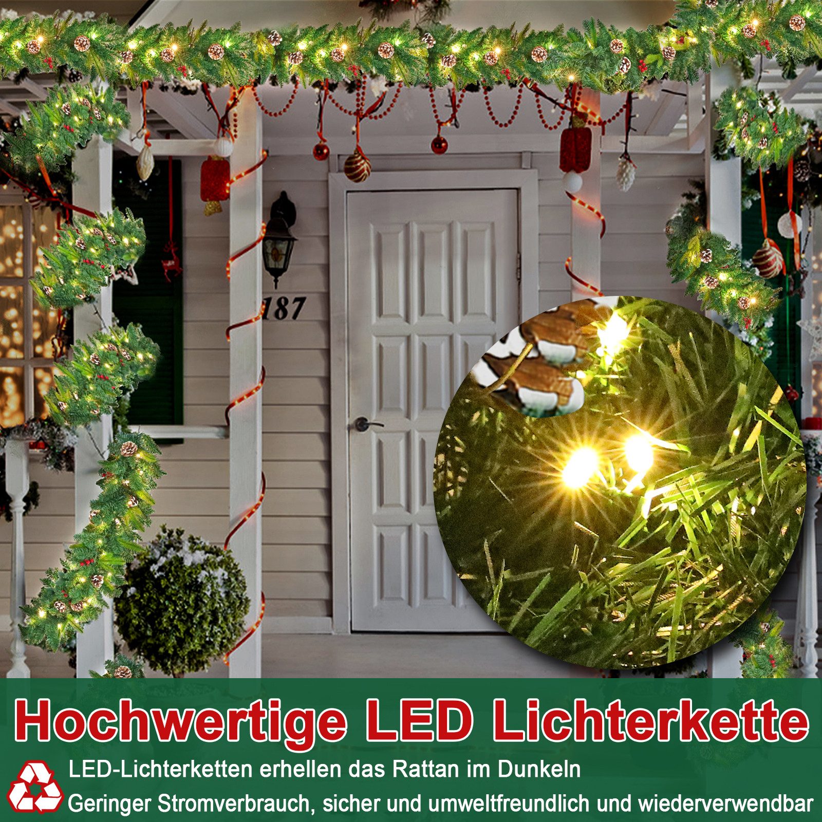 Kunstgirlande Tannengirlande Weihnachtsgirlande mit Beleuchtung Weihnachtskranz, FIVMEN, Künstliche Weihnachtskranz für Innen & Außen