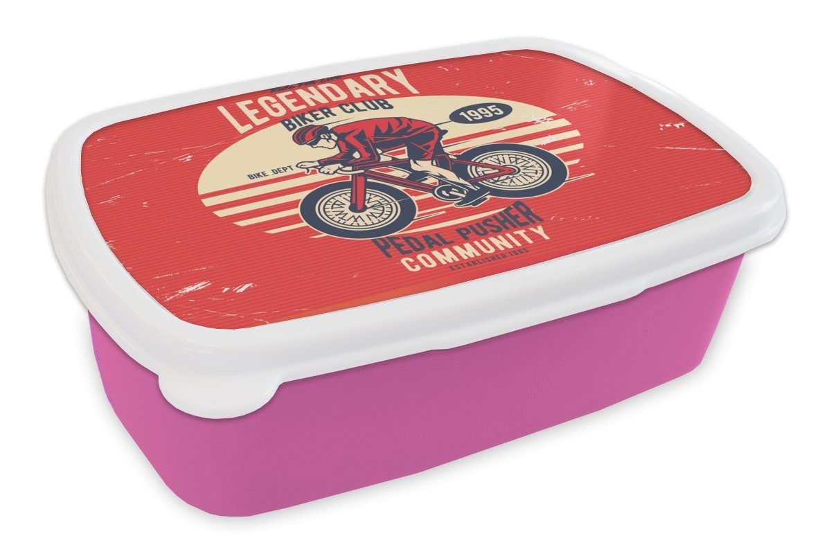 Lunchbox - Kunststoff MuchoWow rosa für Kunststoff, Retro, (2-tlg), Brotdose Snackbox, - Fahrrad Brotbox Kinder, Mädchen, Radfahrer Erwachsene,