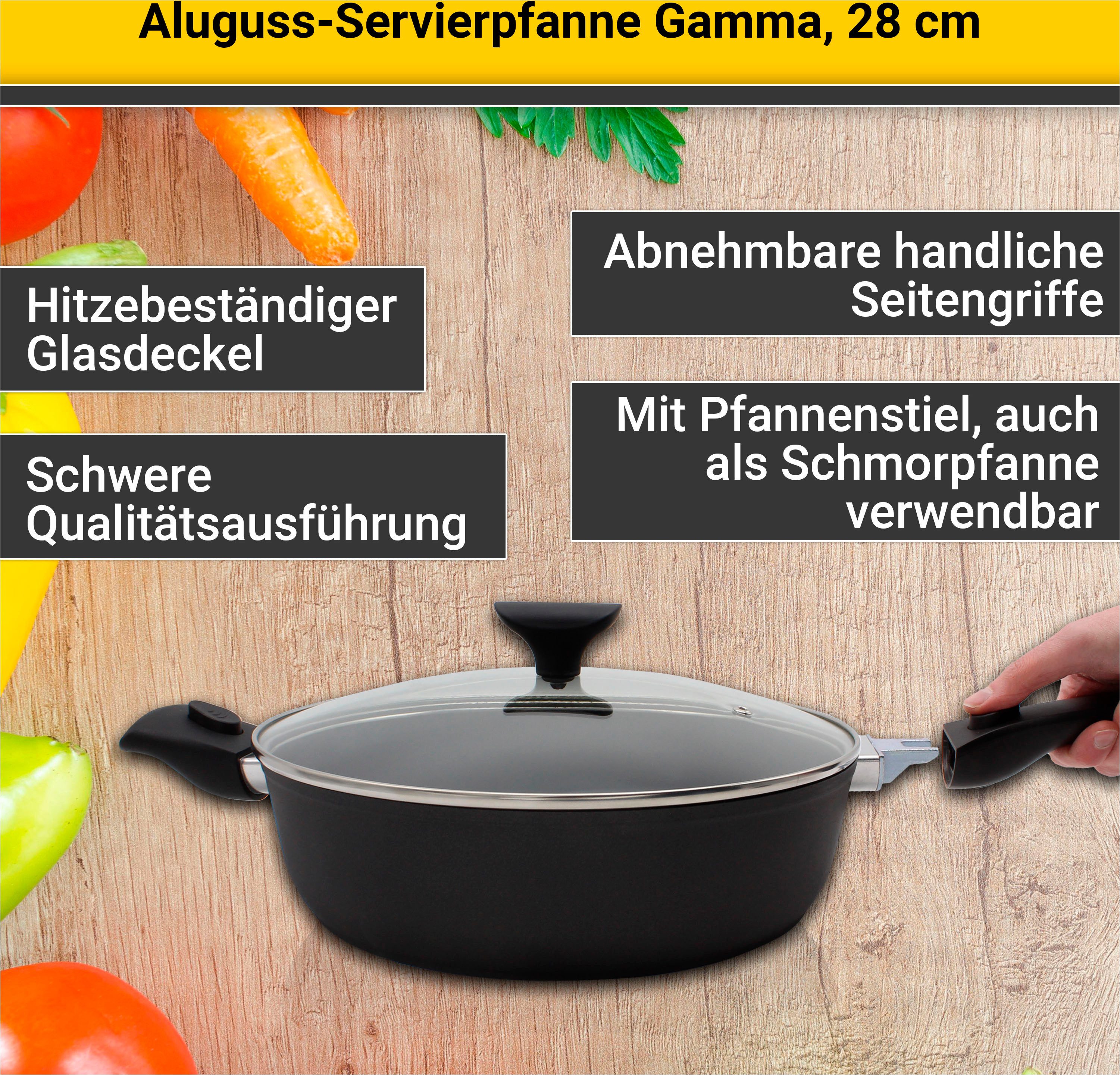 Krüger Servierpfanne Aluguss Pfanne GAMMA mit Glasdeckel, 28 cm, mit abnehmbaren Griffen, Aluminiumguss, für Induktions-Kochfelder geeignet, auch als Schmorpfanne verwendbar