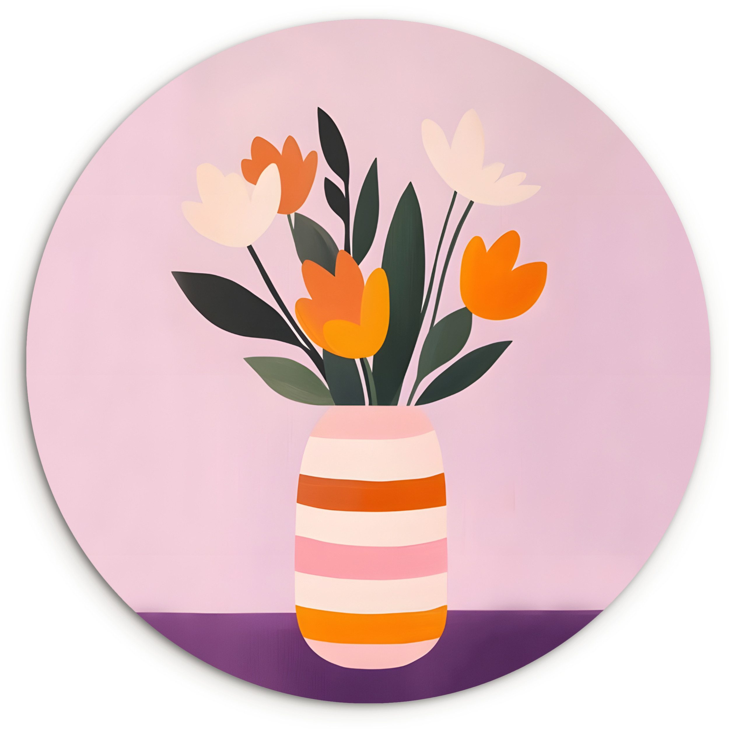 MuchoWow Gemälde Tulpen - Vase - Streifen - Lila, Fotodruck (1 St), Kreis Wanddekoration, Rundes Wandbild, 30x30 cm