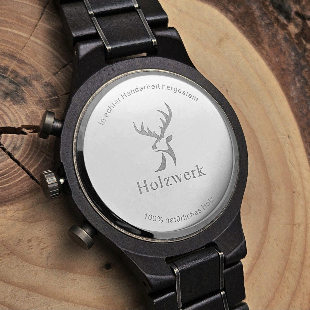 Holzwerk Chronograph Holz mit braun, silber Herren Uhr Datum, ISERLOHN schwarz, Armband