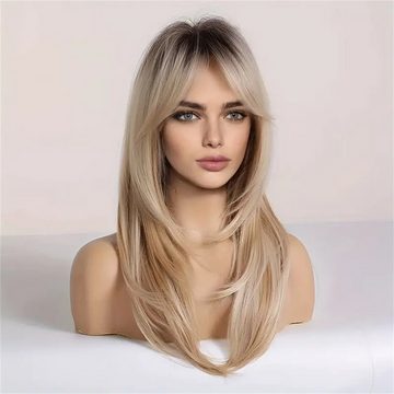 RefinedFlare Toupet Blonde, lockige, schulterlange Damenperücke mit Pony, 61 cm