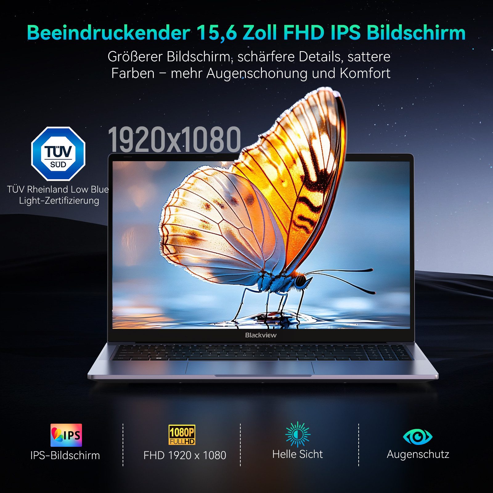 blackview 15,6 -Zoll FHD Laptop Intel N150 16GB + 512GB Windows11 Notebook (Intel N150 Intel Twin Lake N150, 16 GB, 512 GB SSD, 180° Drehung/Low Blue Light-Zertifizierung/Deutsche Tastaturaufkleber)