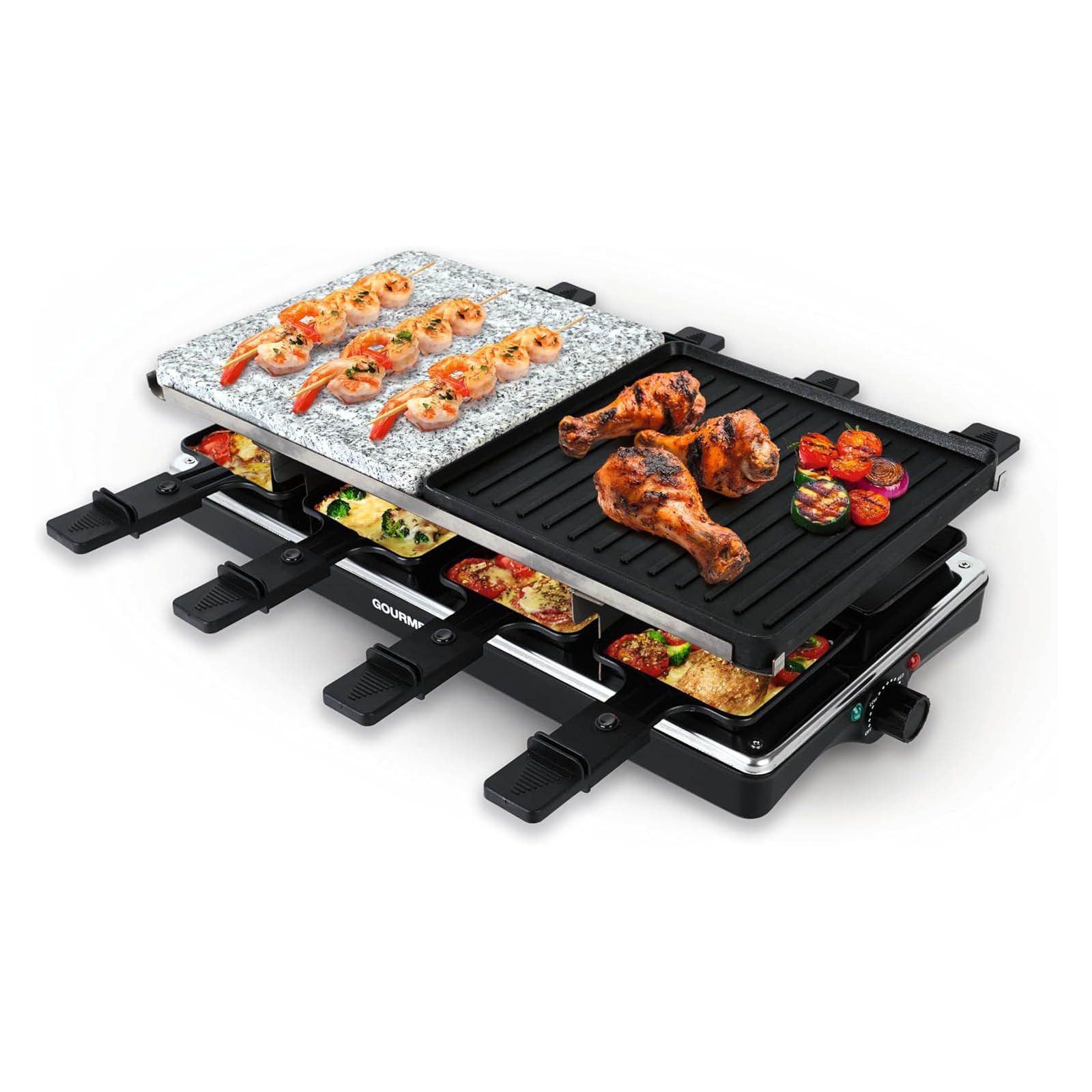 GOURMETmaxx Raclette Raclettegrill 1400W 8 Personen Tischgrill Grillplatte, 8 Raclettepfännchen, 1400 W, mit Stein und Aluminiumplatte