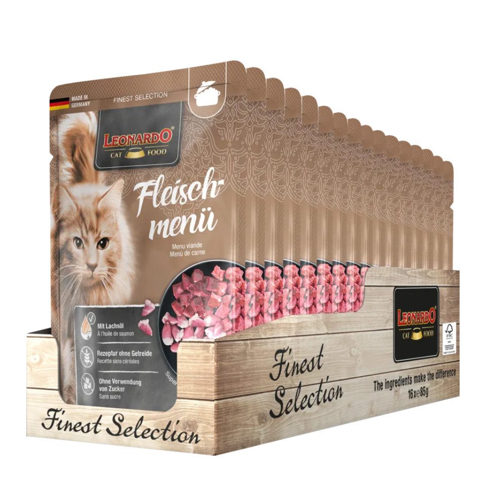 Leonardo Catfood Fleischmenü - getreidefreies Nassfutter mit Huhn, Rind & Lamm 16x85g, Nassfutter für: Katzen
