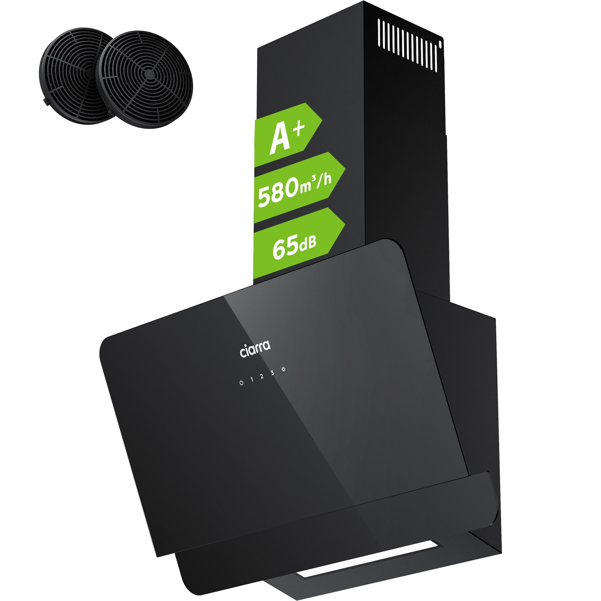 CIARRA Kopffreihaube 60 cm A+ 580 m³/h Schräghaube leise Umluft & Abluft 3 Stufen VM6765CB 60 cm A+ 580 m³/h Schräghaube leise Umluft & Abluft 3 Stufen VM6765CB, Kopffrei Dunstabzugshaube mit 2*Kohlefilter & LED SensorTouch Schwarz