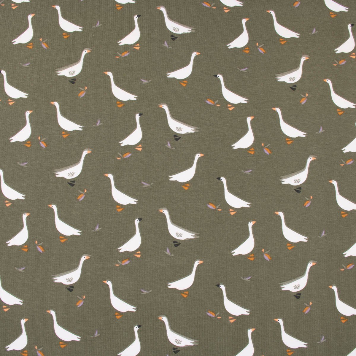 Thumbnail - SCHÖNER LEBEN. Stoff Baumwolljersey Jersey GUSGUS Gänse khaki-grün 1,5m Breite, allergikergeeignet