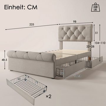 BlingBin Einzelbett Polsterbett (1-tlg., Funktionsbett mit 2 Schubladen, ohne Matratze), Höhenverstellbarem Kopfteil, 90x200cm
