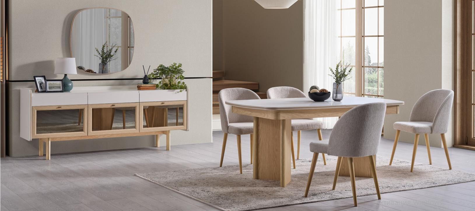 JVmoebel Esszimmer-Set Modernes Esszimmer-Set mit Tisch, 4 Stühlen, Sideboard und Spiegel, Made in Europa