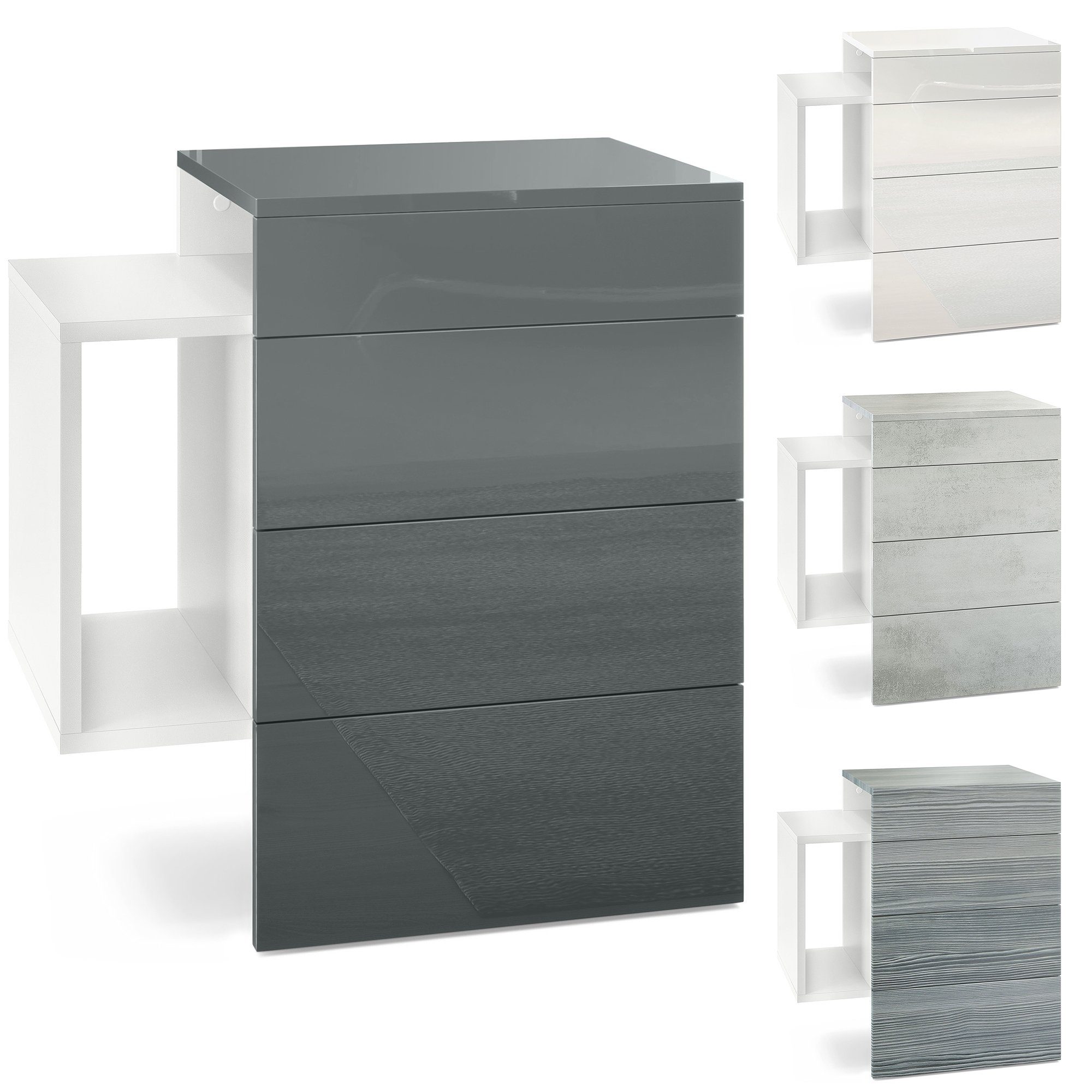 Vladon Nachttisch Queens (Nachttischschrank mit 2 Schubladen, und 1 seitlichem Fach zur Wandmontage), Weiß matt/Brombeer Hochglanz (60 x 63 x 36 cm)