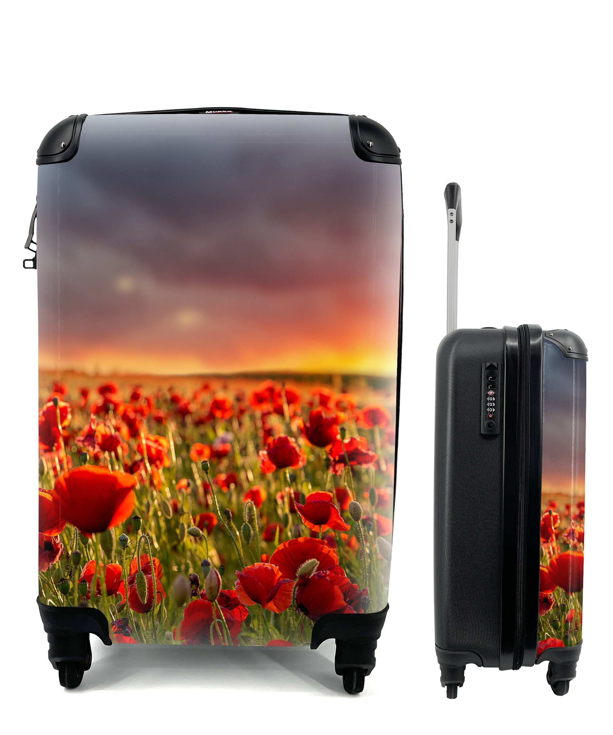 MuchoWow Handgepäckkoffer Sonnenuntergang über einem Feld von Mohnblumen, 4 Rollen, Reisetasche mit rollen, Handgepäck für Ferien, Trolley, Reisekoffer