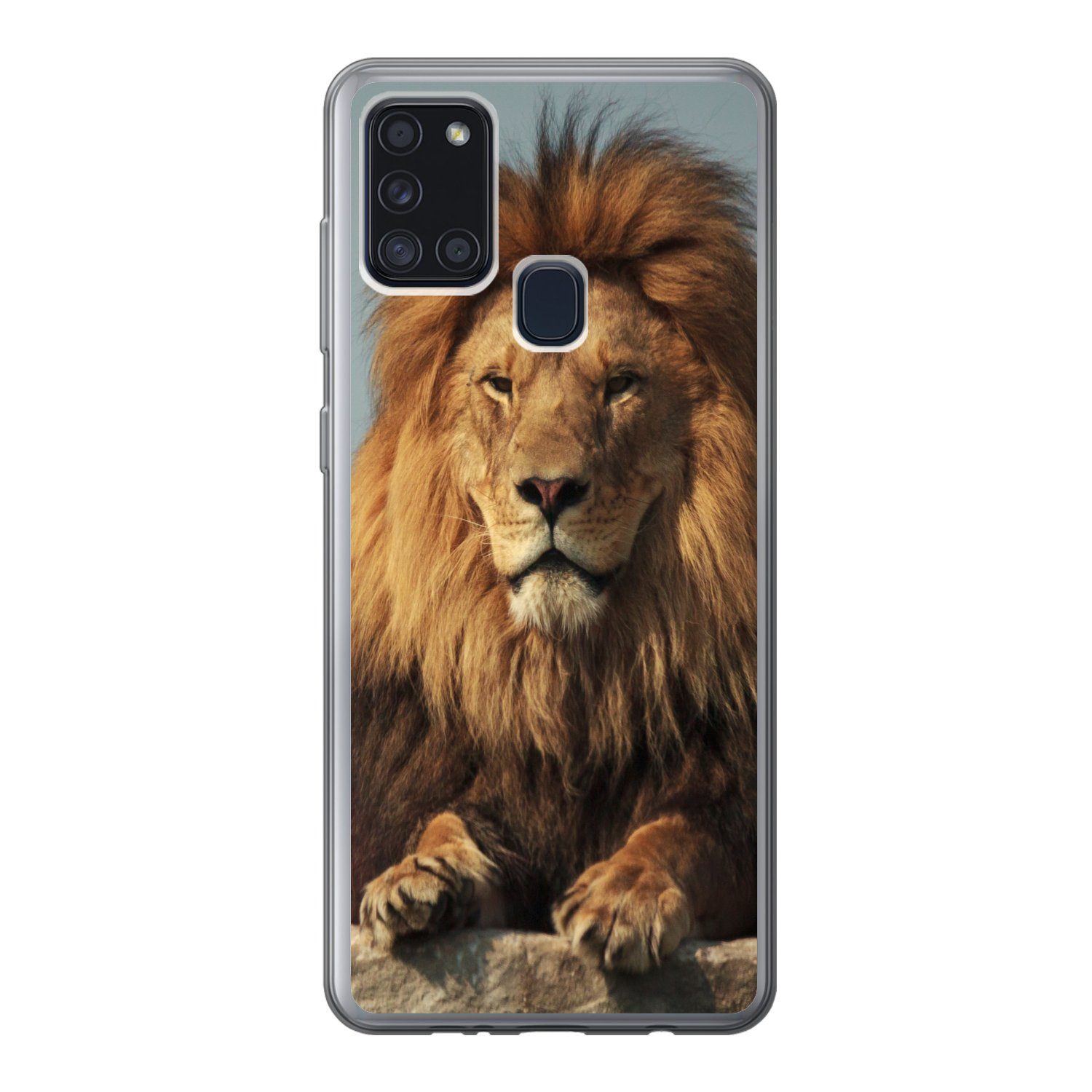 MuchoWow Handyhülle für Samsung Galaxy A21s Löwe - Felsen - Porträt, Smartphone-Bumper, Print, Handy Schutzhülle Dünn