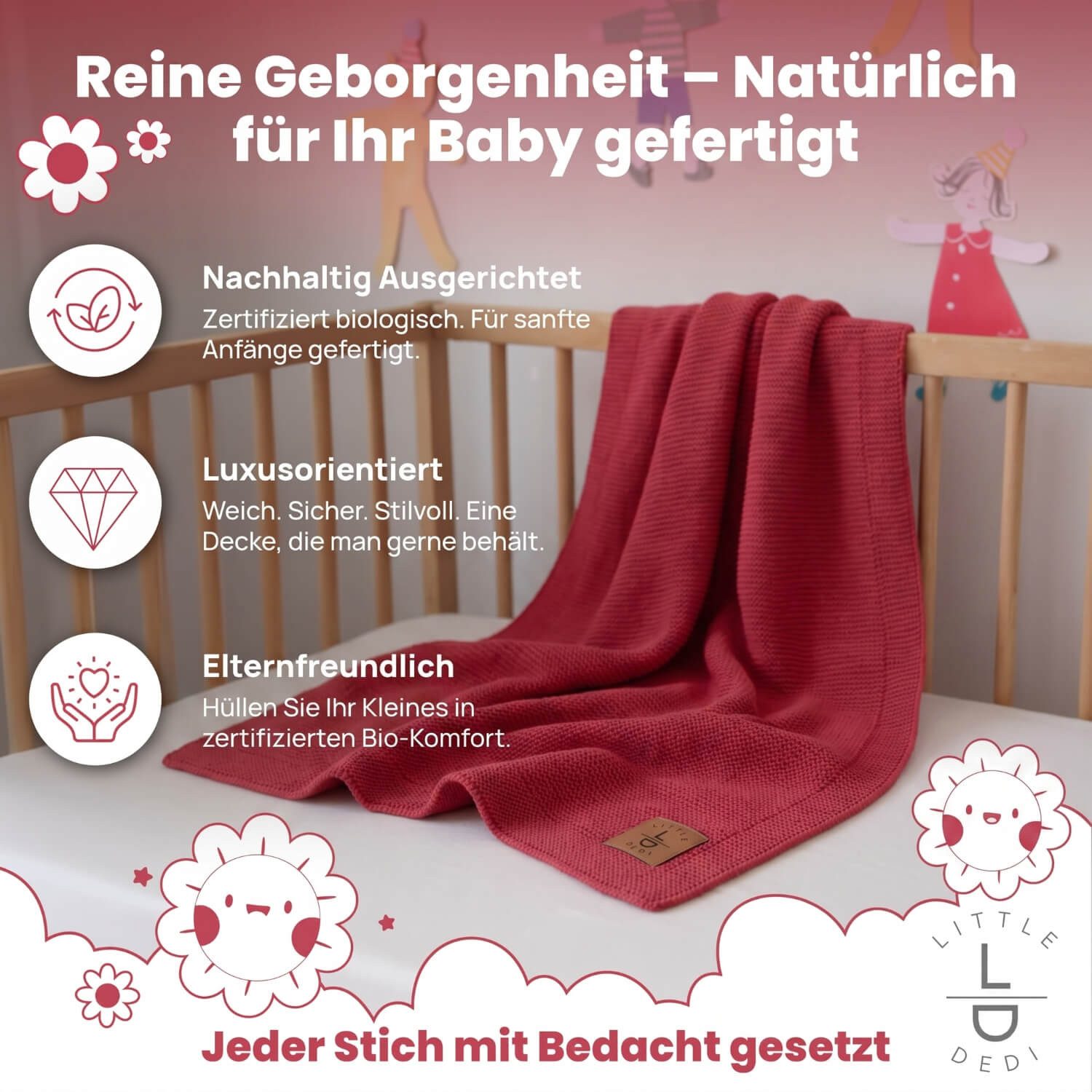 Babydecke Baby Strickdecke, %100 Bio Baumwolle, Atmungsaktiv, 80x100cm, Rot, Little Dedi