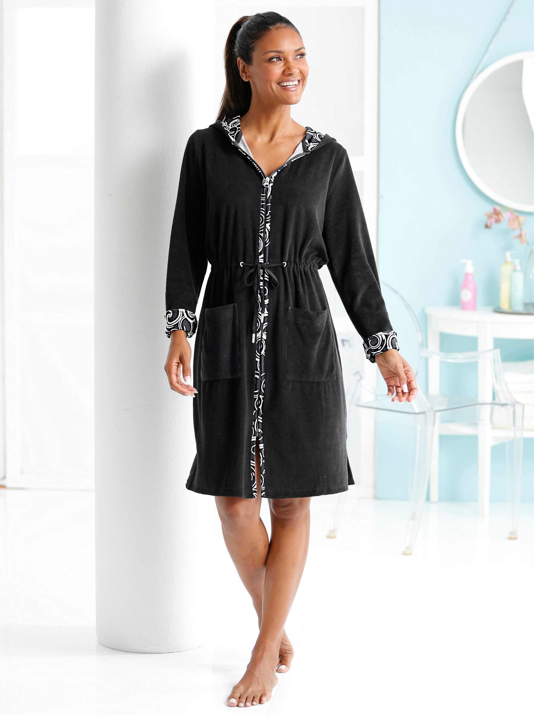 Witt Damenbademantel Bademantel Langarm, Länge ca. 100 cm, Baumwolle, Reißverschluss