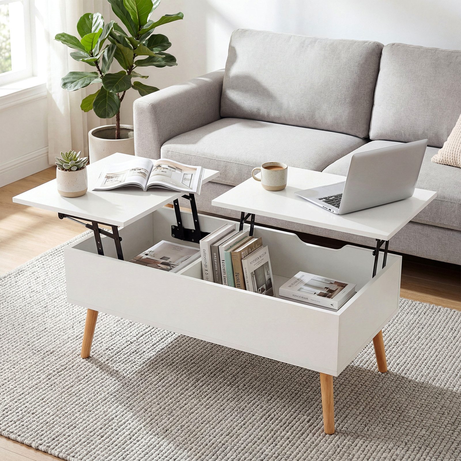 VOWNER Couchtisch Höhenverstellbarer, Versenkbarer, Wohnzimmertisch, Weiß