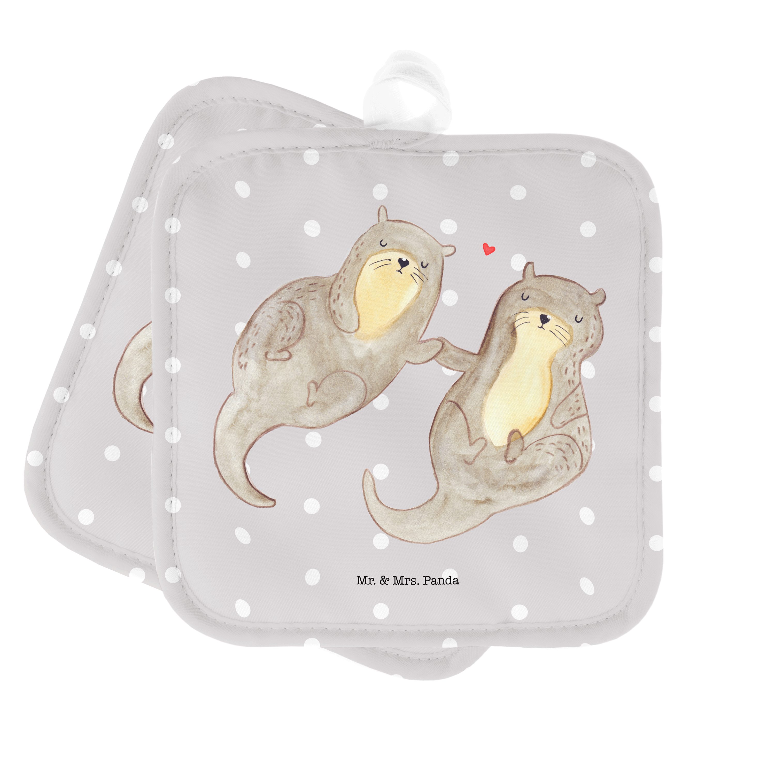 Mr. & Mrs. Panda Topflappen Otter händchenhaltend - Grau Pastell - Geschenk, romantisch, Fischott, (1-tlg)