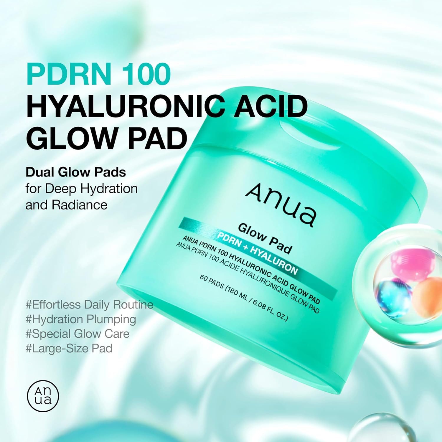 Anua Gesichtspflege PDRN 100 Hyaluronic Acid Glow Pad 180ml Doppelseitige Toner Pads für strahlende Haut & intensive Feuchtigkeit, 60 Toner Pads für täglichen Glow & Make-up Vorbereitung